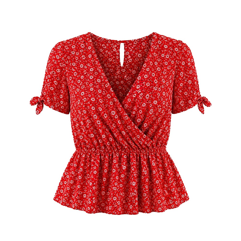 E&M Women's Size M Red Floral Top Short Sleeve Feminine Cottage Romantic Flowy